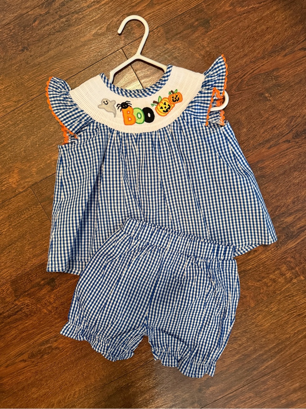 Cactus Blue & White Gingham Halloween 'Boo' Smocked Kids Matching Set